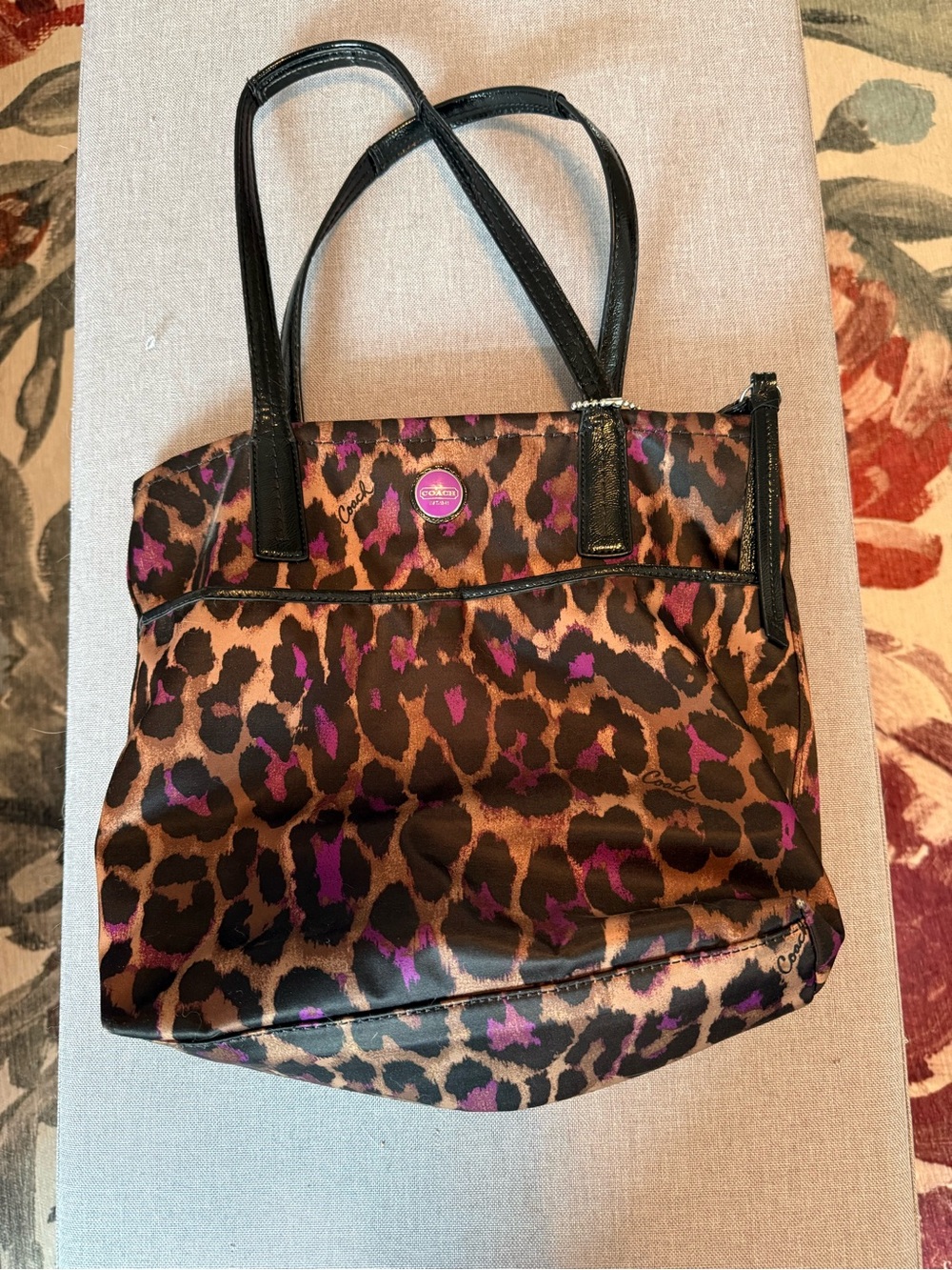 Coach Leopard Print Tote Bag in Brown with Purple Accents